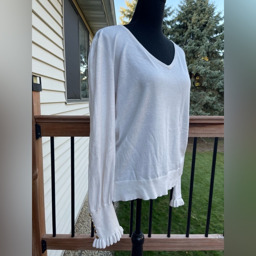 Lauren Ralph Lauren Button Cuff Sweater Women’s Large Ivory V-Neck Knit Cotton - Picture 4 of 10